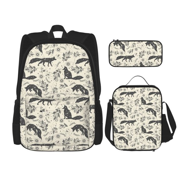 Lsque Vintage Moon Fox Pattern School Bag Set -Backpack with Pencil Case and Lunch Bag,3-in-1 School Bag,Kids Backpack Set for Boys and Girls