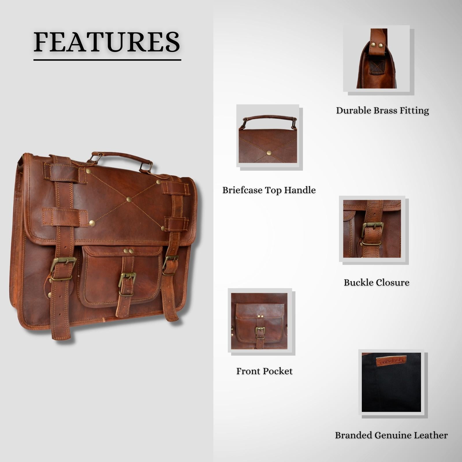 Madosh Genuine Leather Office Briefcase Handbag Mens Laptop Bags Crossbody Suitcase 15 Brown Height 11 27.94 Cm Length 15 38.10 Cm Width 3