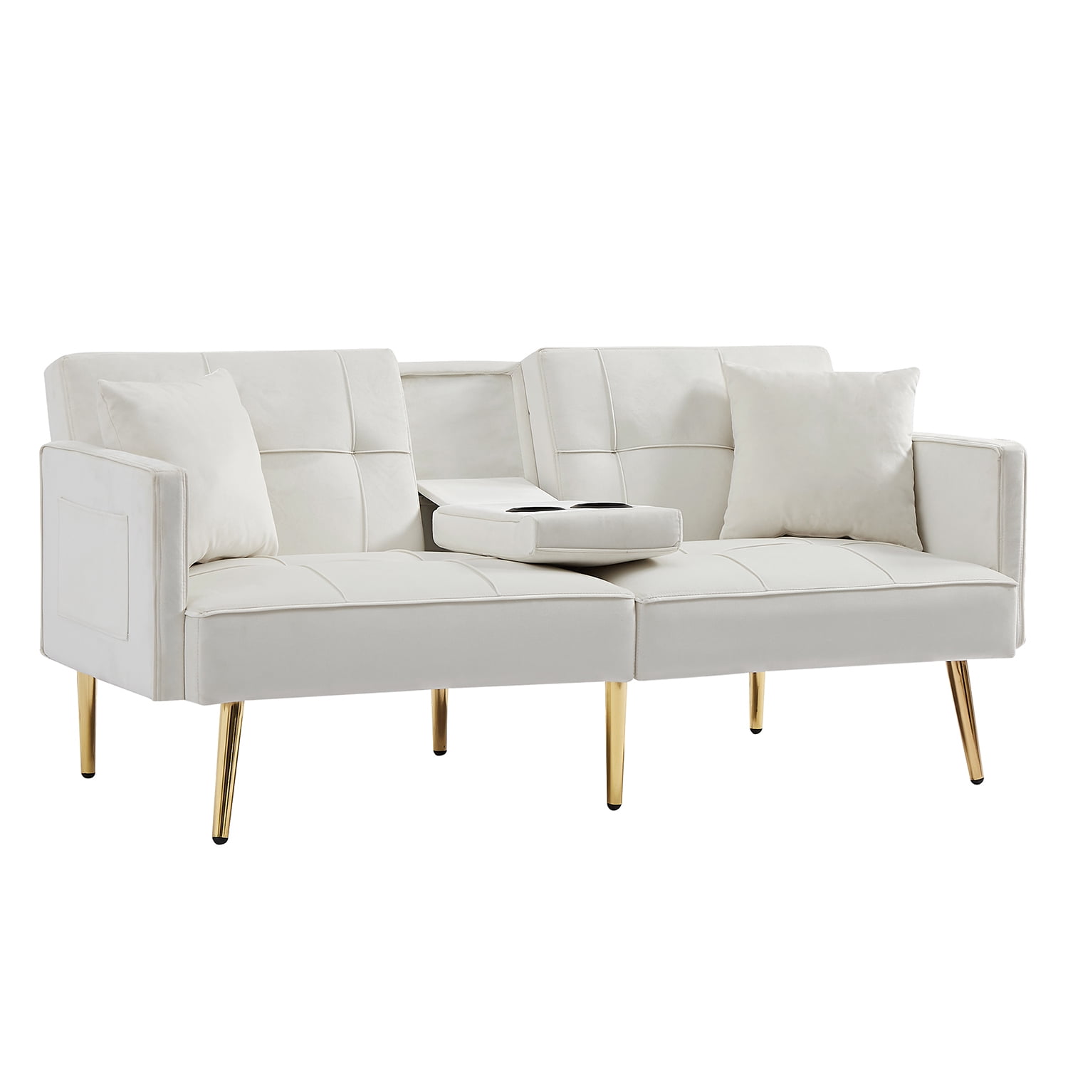 Kadyn Upholstered 2-Seat Futon Sofa, Velvet Sofa Bed with Armrest, Futon Sofa Couch for Living Room, Cream White