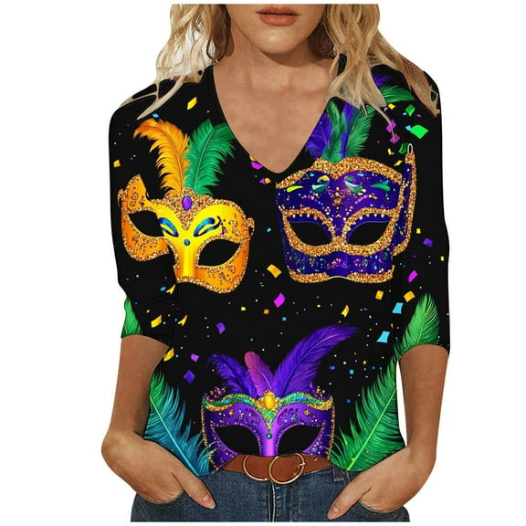YUGYXL Womens Lounge Mardi Gras 3/4 Sleeve Shirts Casual Plus Size Loose Comfy Blouse Novelty V Neck Printed Blouse Ladies Tunic Fit Tees Celebration Tops Sales