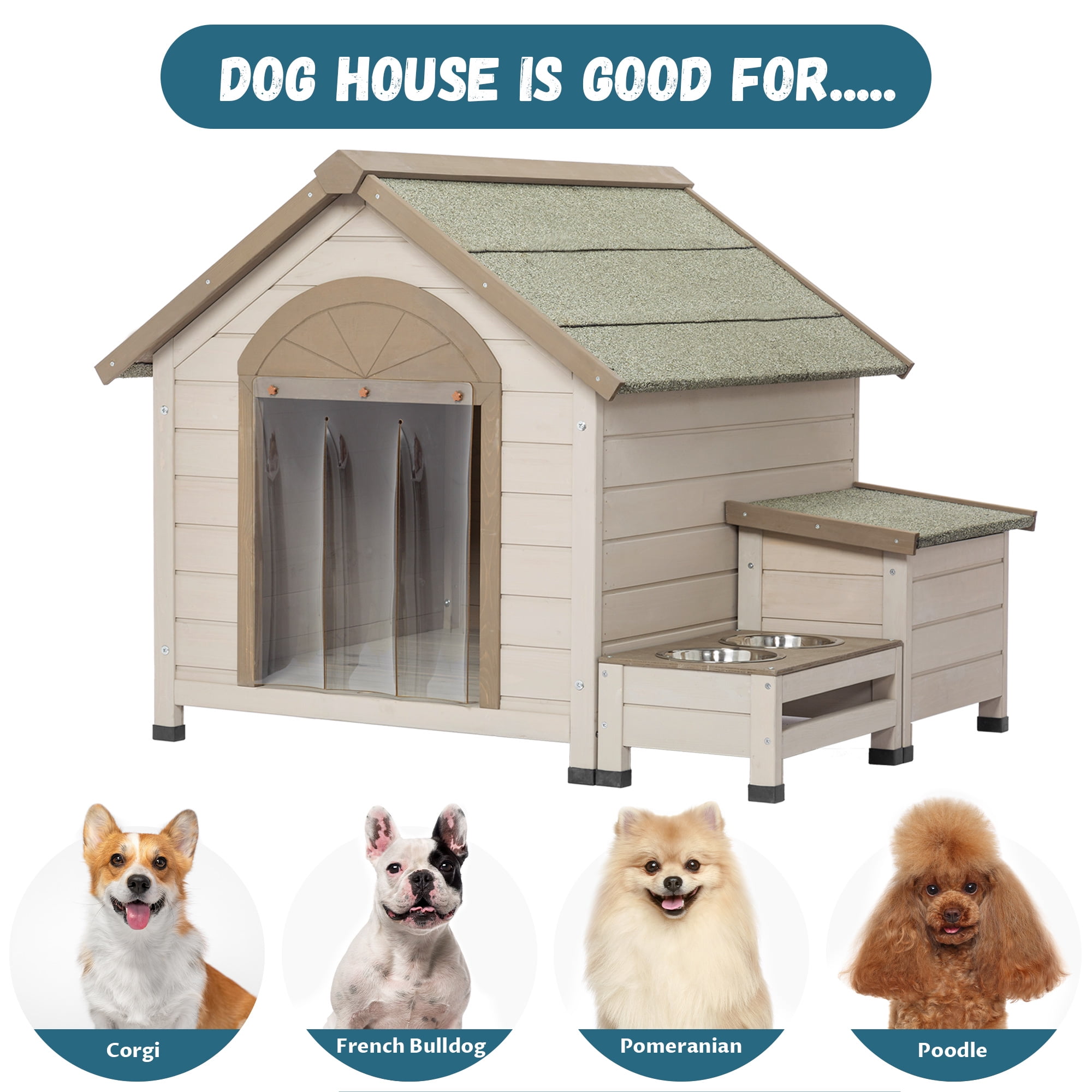 Pefilos 32" Wooden Dog House for Outdoor Puppy Shelter Kennel Dog Crate with Feeder Cat Pet Cages, Beige Pefilos 32" Wooden Dog House for Outdoor Puppy Shelter Kennel Dog Crate with Feeder Cat Pet Cages, Beige
