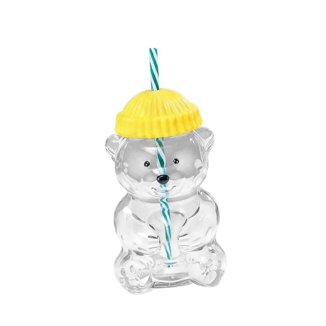 Vaso de cristal con forma de oso de 560 ml, bonita botella con tapa para café, leche, té y zumo. Amarillo