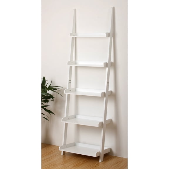 eHemco 5 Tier Ladder Leaning Wall Bookcase, Storage Bookshelf, 70 Inches, White