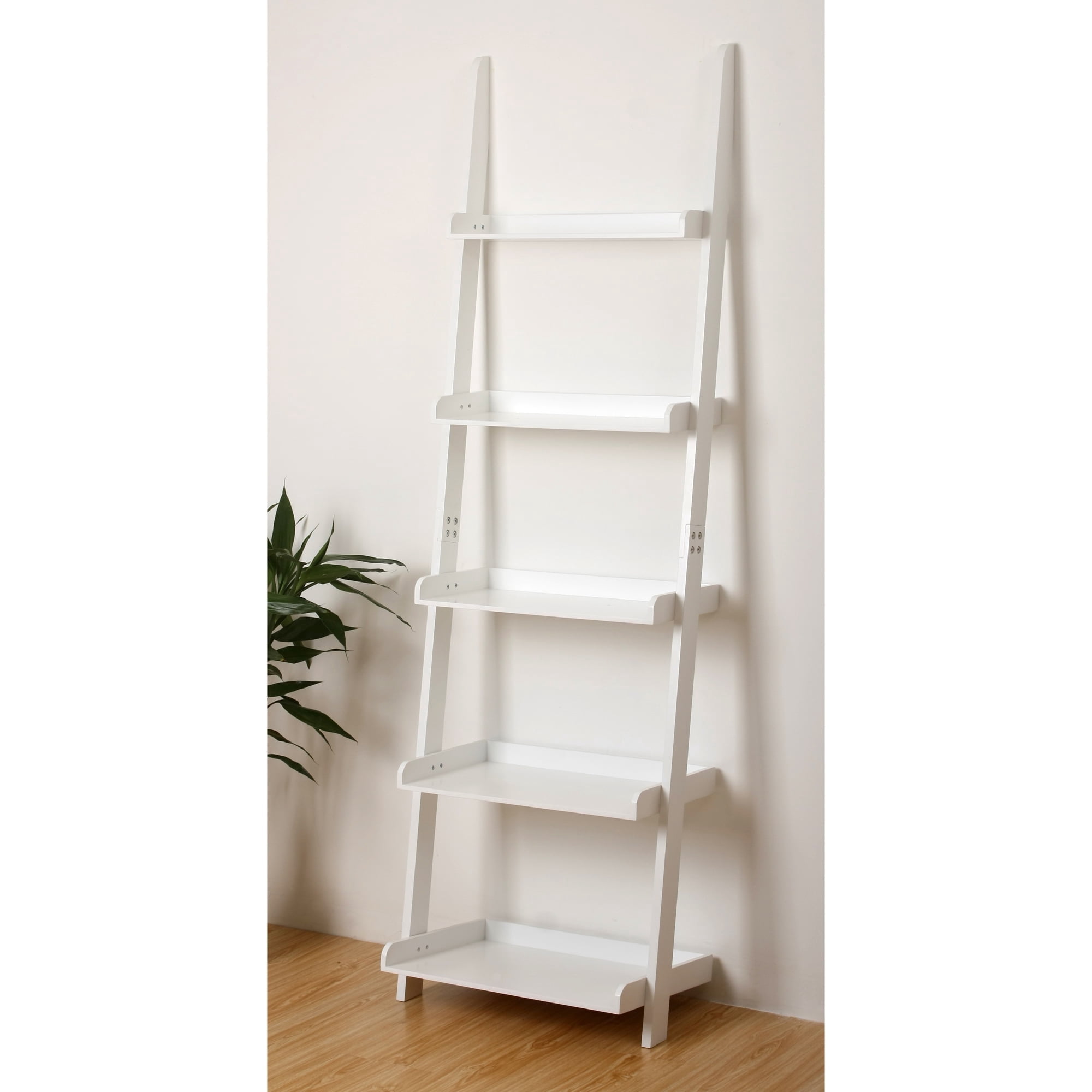 eHemco 5 Tier Ladder Leaning Wall Bookcase, Storage Bookshelf, 70 Inches, White
