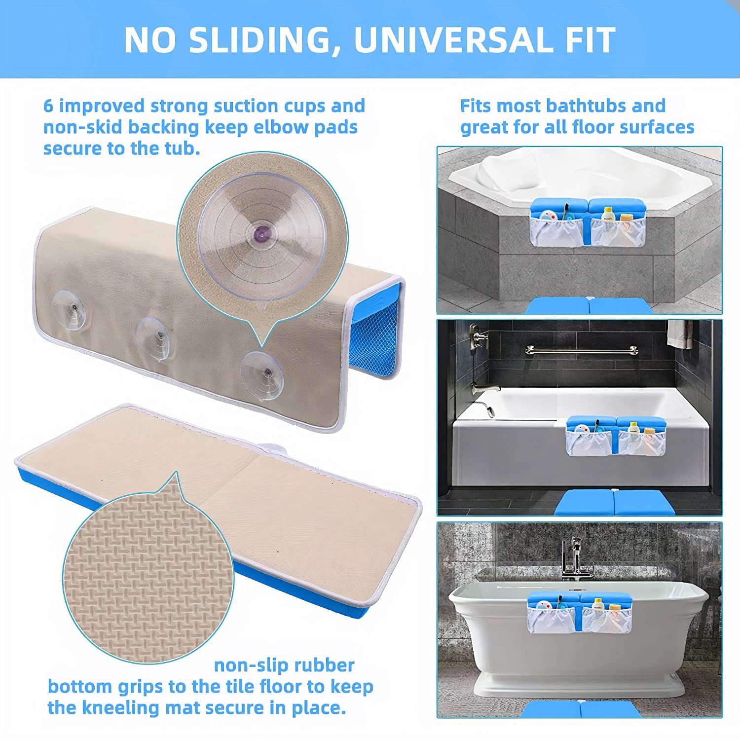 Bath Kneeler with Elbow Rest Pad Set 1.5 inch Thick Kneeling Pad and Elbow Support with Rinser and Non-slip Bath Mat
