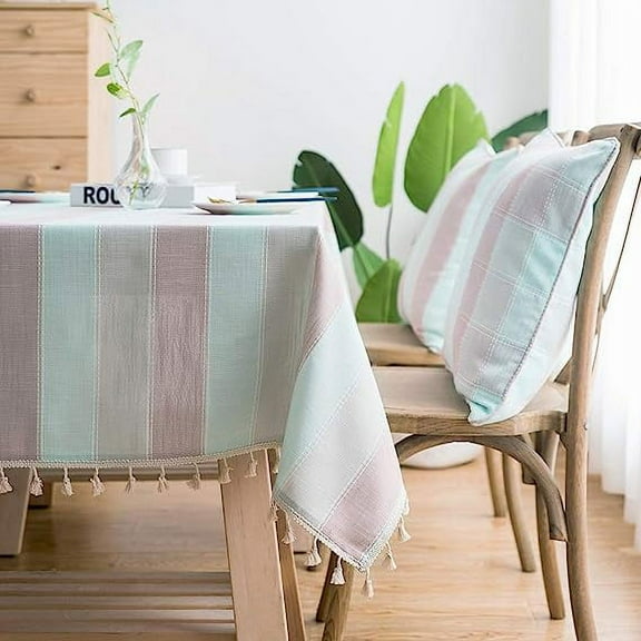 Nvzi Striped Cotton Linen Tablecloth/Table Cover with Tassel Blue Pink Square/Round 53 X 70 in