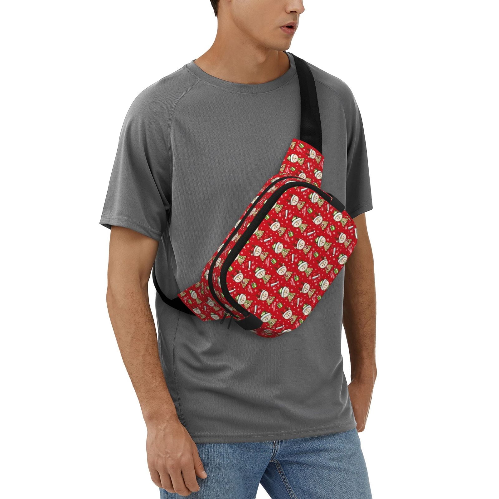 Picia cute Christmas Moose Print Square Double-Layer Waist Bag Mini Adjustable Waist Belt Bag Exercise Running Travel Hiking