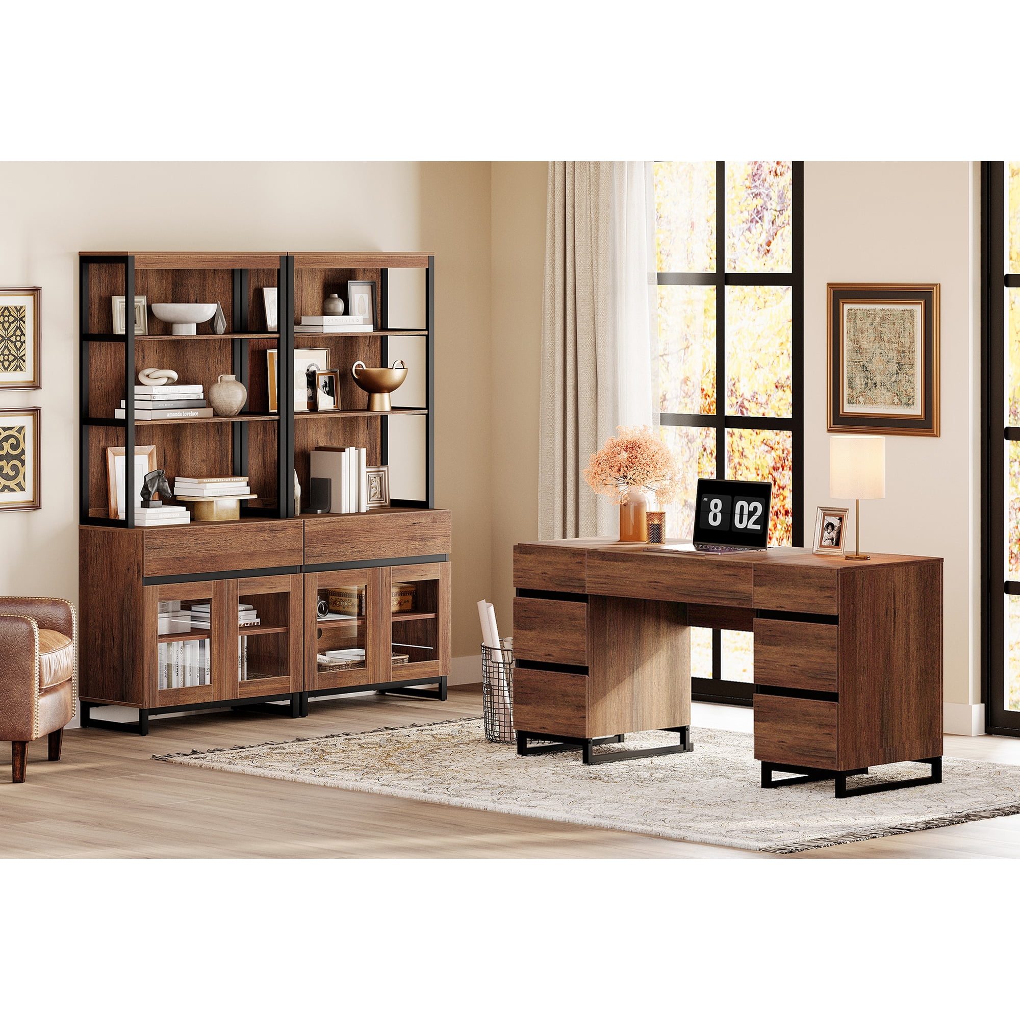 WAMPAT Home Office Furniture Set: 59in Modern Executive Desk with Charging Station & Drawers and Two 72in Tall Bookcases with Storage Cabinet, Home Office Furniture for Living Room, Brown