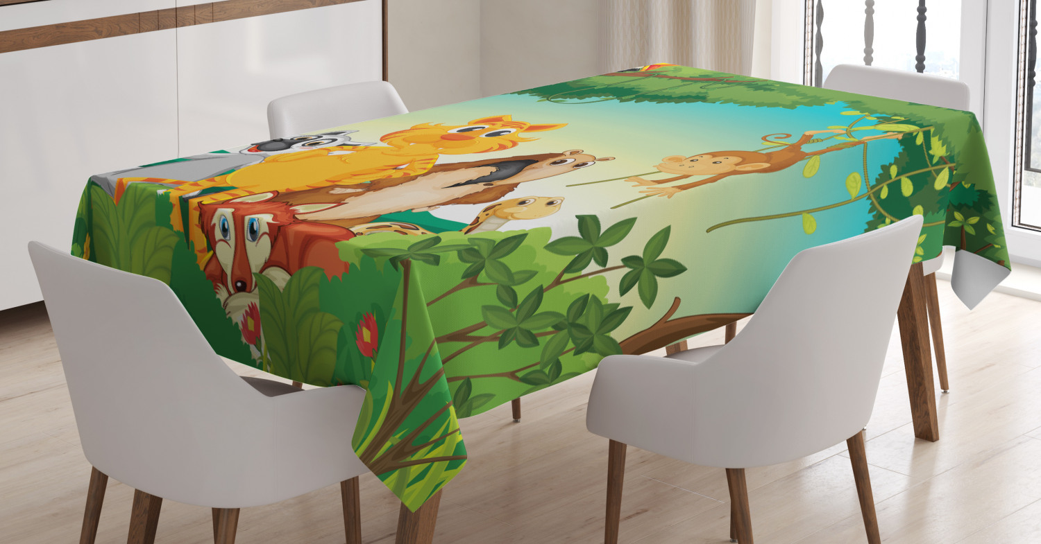 Zoo Tablecloth, Forest Scene with Different Animals Habitat Jungle