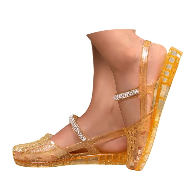 Ladies Fashion Jelly Sandals Comfortable Breathable Toe Strap Slide Summer Casual Flat Shoes PVC Material Rhinestone Buckle Adjustable Strap All Day Support