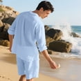 thumbnail image 5 of Hrsba Men Outfits 2 Piece Set, Solid Color Linen Button Lapel Long Sleeve Shirt and Drawstring Elastic Waist Shorts Summer Beach Set, 5 of 5