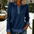 thumbnail image 3 of Sweater with Denim Collar and Cuffs, Yigetop Sweatshirt for Women Long Sleeve Button Collared Denim Shirt Casual Patchwork Knit Pullover Trendy Spring Tops Knitted Denim Shirt Dark Blue, 2XL, 3 of 5
