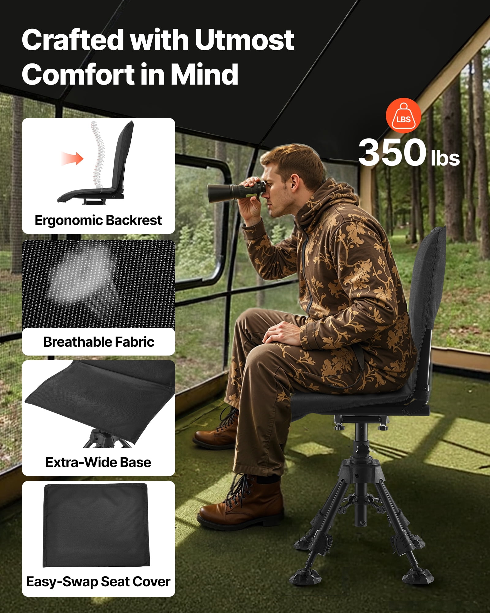 VEVOR Hunting Chair, 360° Silent Swivel, Foldable Portable Blind Chair, Heavy-Duty Steel Frame Ground Stool Seat,with Seat Cover, Anti-Sink Feet, Height Adjustable, 350 Lbs Capacity, for Fishing