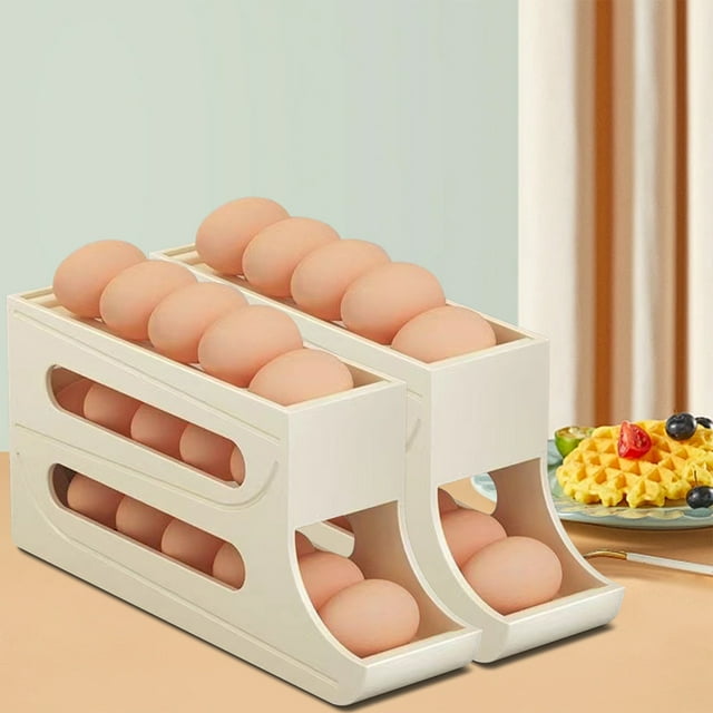 Dispensador automático de huevos de 3 niveles para frigorífico - organizador de frigorífico que ahorra espacio para 30 huevos con barandillas protectoras
