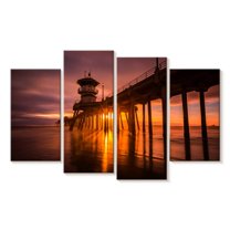 Elephant Stock Sunset At Huntington Beach Pier Wall Art - Horizontal Multi Panel Canvas - Living Room Wall Decor - Nautical Multi Panel - Brown And Orange Decor - 68" x 42"