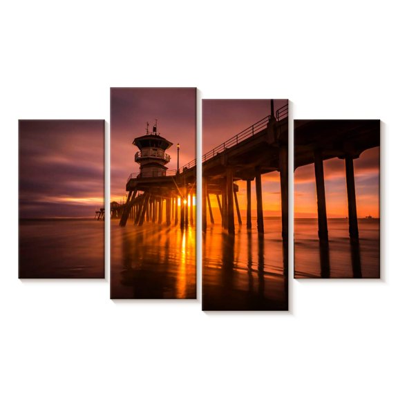 Elephant Stock Sunset At Huntington Beach Pier Wall Art - Horizontal Multi Panel Canvas - Living Room Wall Decor - Nautical Multi Panel - Brown And Orange Decor - 68" x 42"