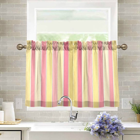 Yayeee Kitchen Curtains Tier Pair Light Filtering 27"x24" Rod Pocket Short Cafe Window Panel, Pink And Yellow Striped Pattern