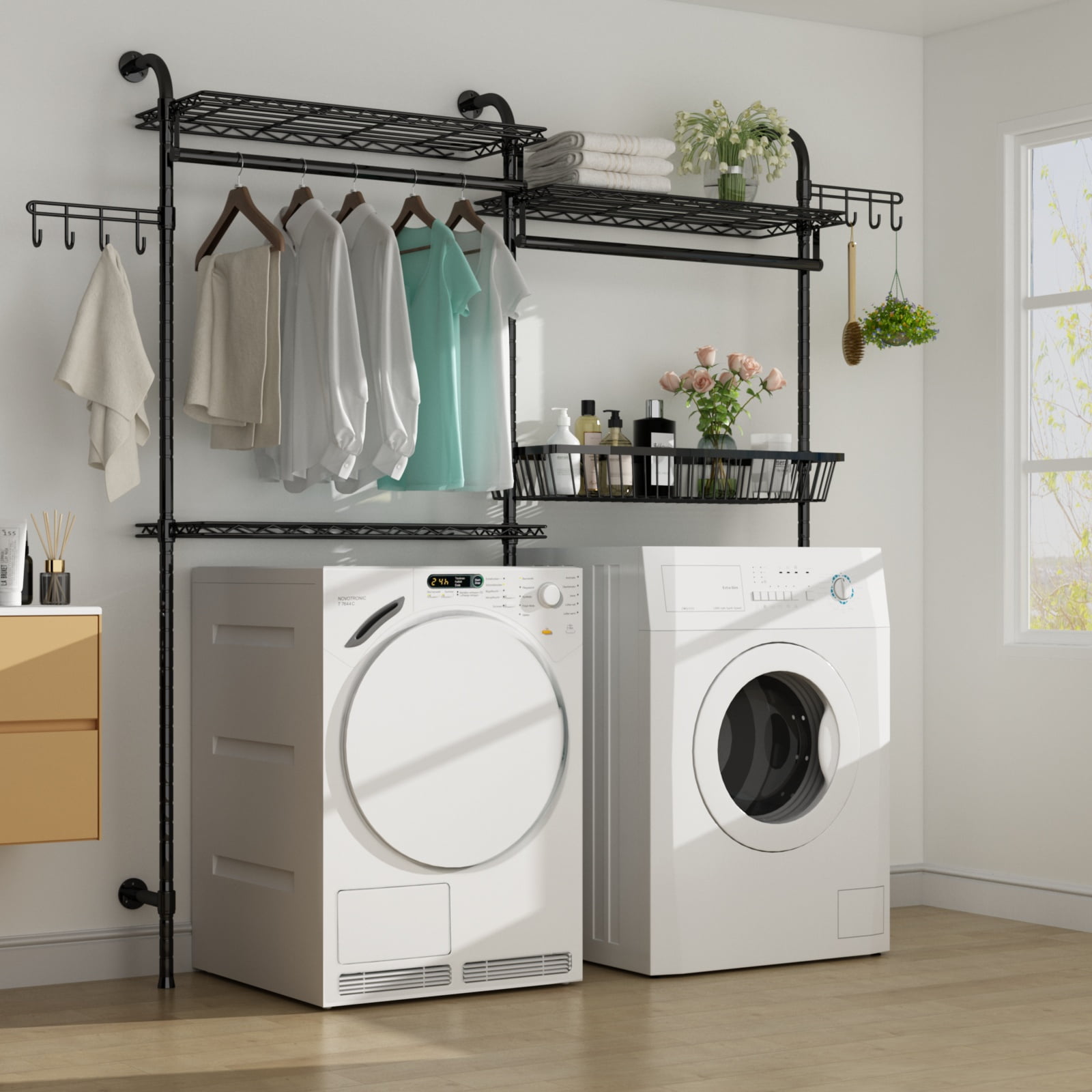 Ulif U4 Over Washer and Dryer Storage Shelf, 2 Rows Laundry Room Space  Saver with Mounted on the Wall Expandable Hanger Rod, Suit Space from  4.9-6.3