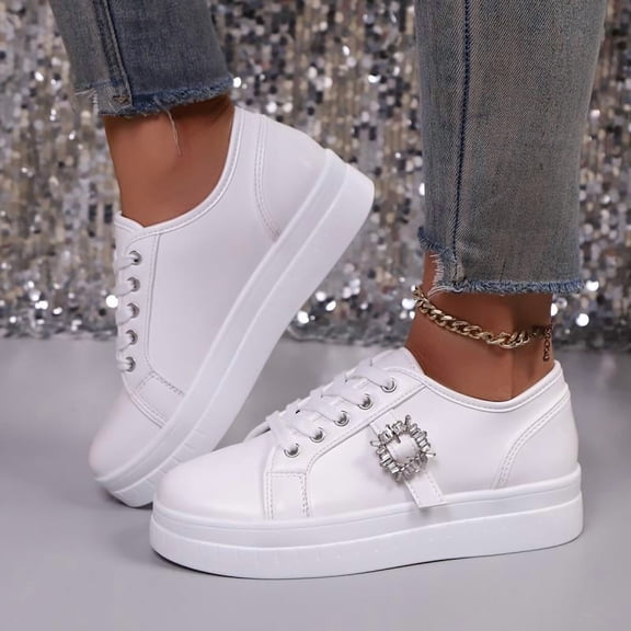SCHUHLAND Women's Casual Lace-Up Skateboard Sneakers, Metal Decoration, Round Toe, Thick Bottom, Non-Slip, Soft Sole for Autumn