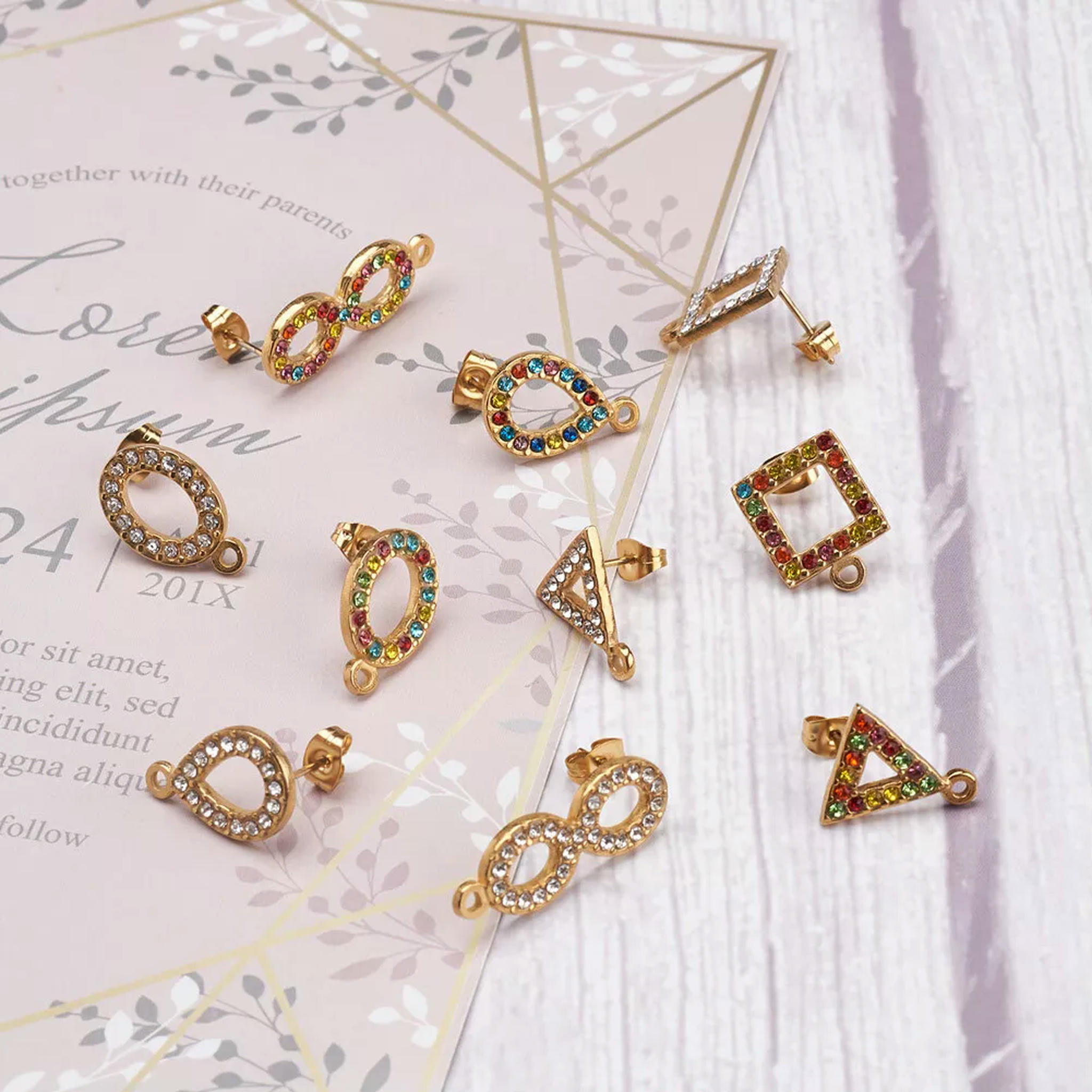 EOEMY 20Pc Geometry 304 Stainless Steel Rhinestone Post Stud Earring With Earring Back