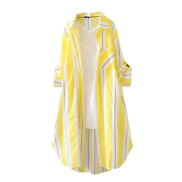 vdgthytj Plus Size Tops for Women Long Sleeve Fall Button down Collared Lightweight Tunics Casual Striped Outwear