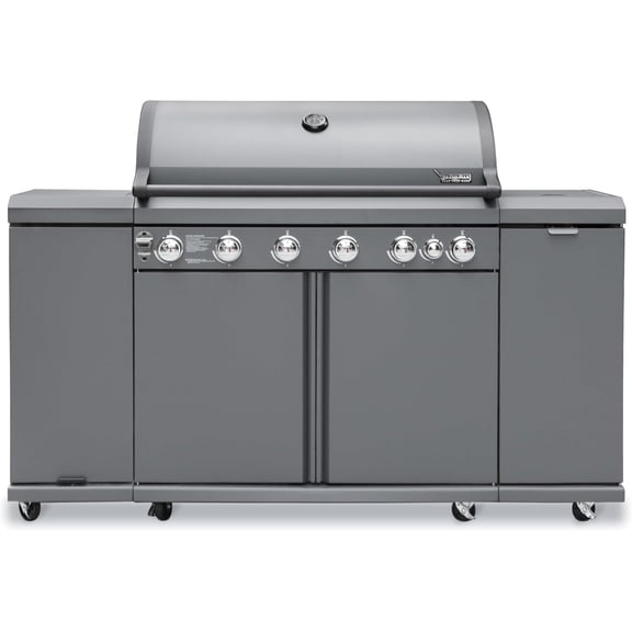 Brand Man 6-Burner Outdoor Gas Kitchen Grill Island with Side Burner, BBQ Station with Storage Cabinets and Fold-out Prep Table, LPG/NG Convertible