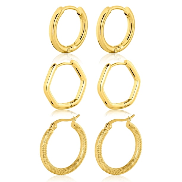 JeenMata Juego de 3 Aros de Estilo Contemporáneo en Paquete Múltiple Bañados en Oro Amarillo