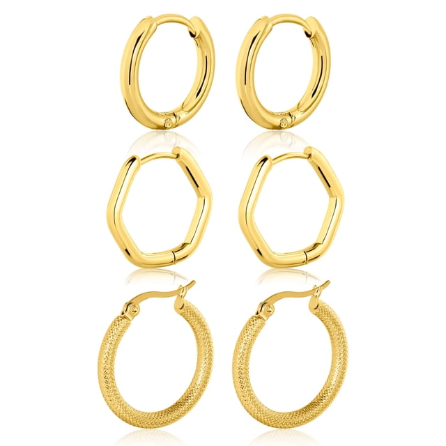 JeenMata Juego de 3 Aros de Estilo Contemporáneo en Paquete Múltiple Bañados en Oro Amarillo