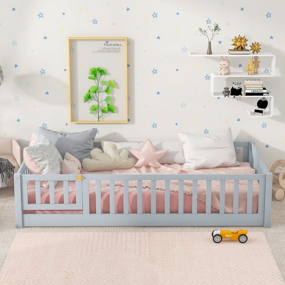 Twin Size Bed Frames Twin Size Floor Bed with Fence and Door,Rubber Wood Floor Bed with Safety Guardrails,Grey,Adjustable Bed Base