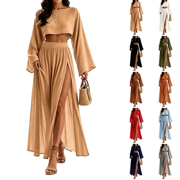 Womens Matching Sets Summer 2 Piece Beach Vacation Outfits Long Sleeve Crop Top High Slit Maxi Skirt Set Resort Wear