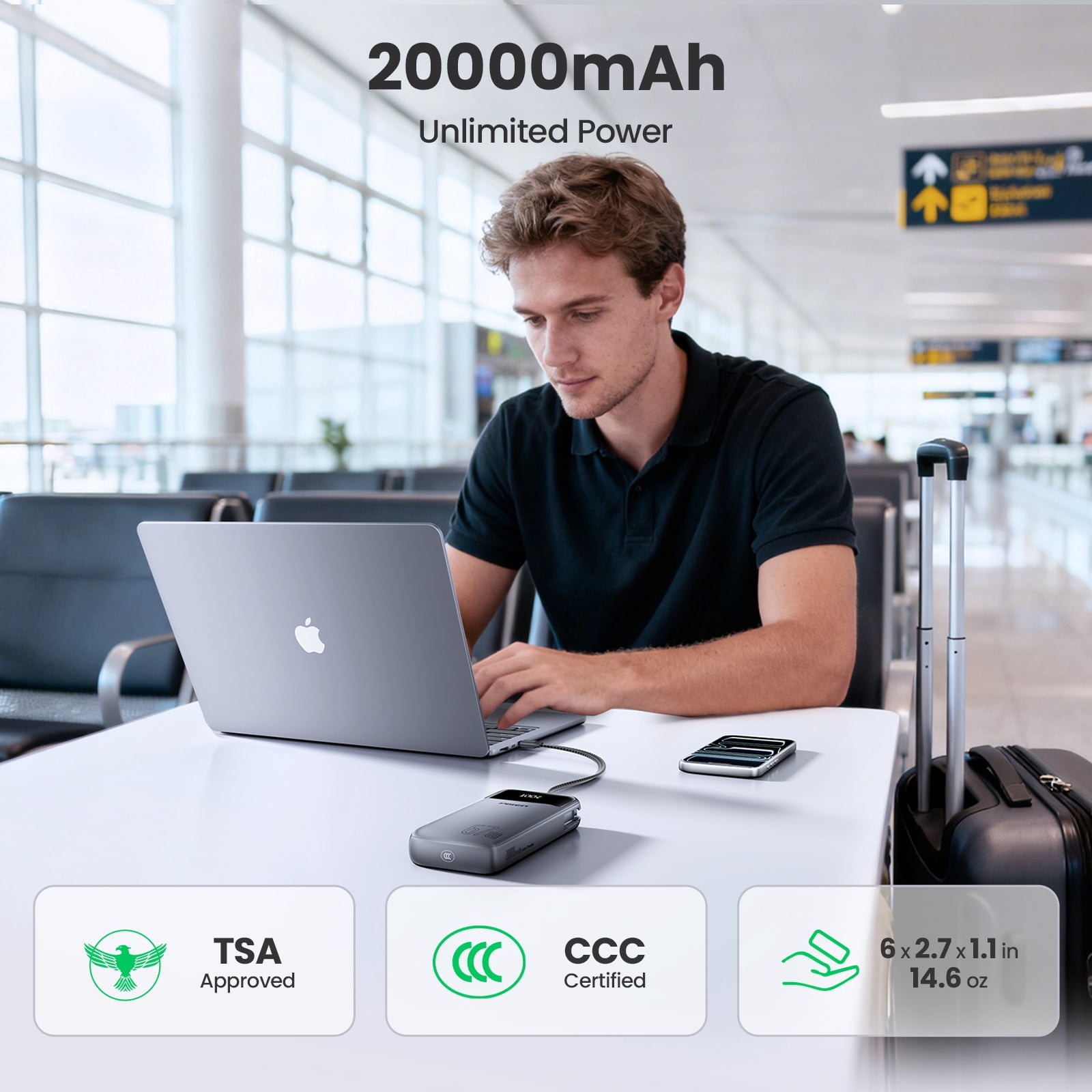 PISEN 3C Certified Power Bank - 20000mAh 67W Power Bank with Built in Cable,Travel Battery Pack Portable 3C Charger with LED Display, Portable Charger with Built in Cable for iPhone, Samsung and More