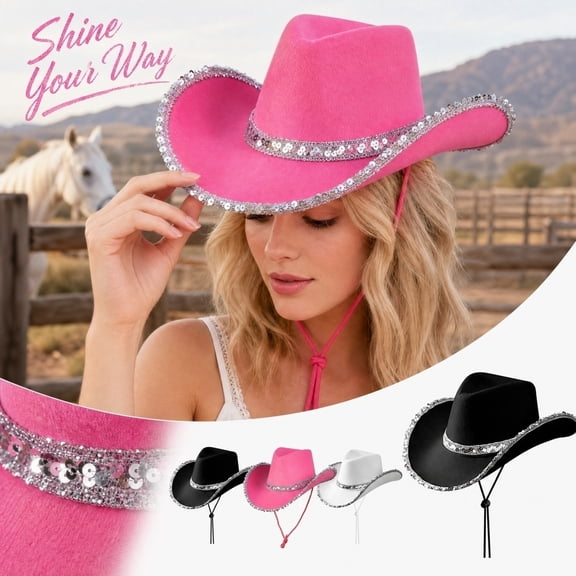 Adult Sequin Cowboy Hat Western Cowgirl Hat Texan Country Cowboy Hatsfor Women Fancy Dress Accessory,One Size
