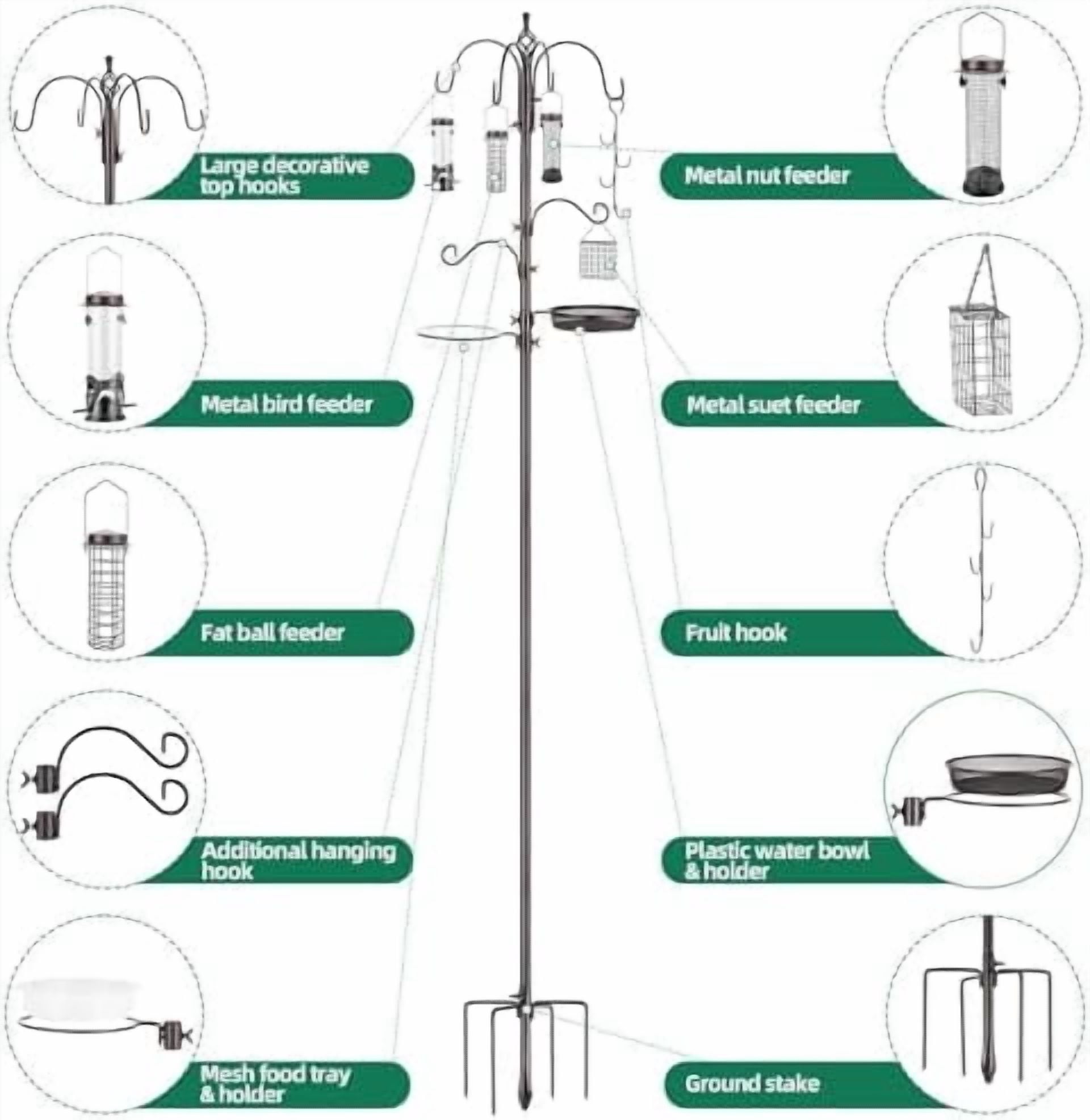 Bird Feeding Station Kit Pole Wild Bird Feeder Hanging Planter Hanger Multi Feeder Hanging with Metal Suet Feeder Bird Bath for Attracting Wild Birds