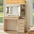 thumbnail image 3 of 43.5"Vintage Rattan Makeup Vanity with Adjustable LED Light Mirror & 6 Drawers, Bedroom Dressing Table with Rounded Corners,Natural Oak, 3 of 8