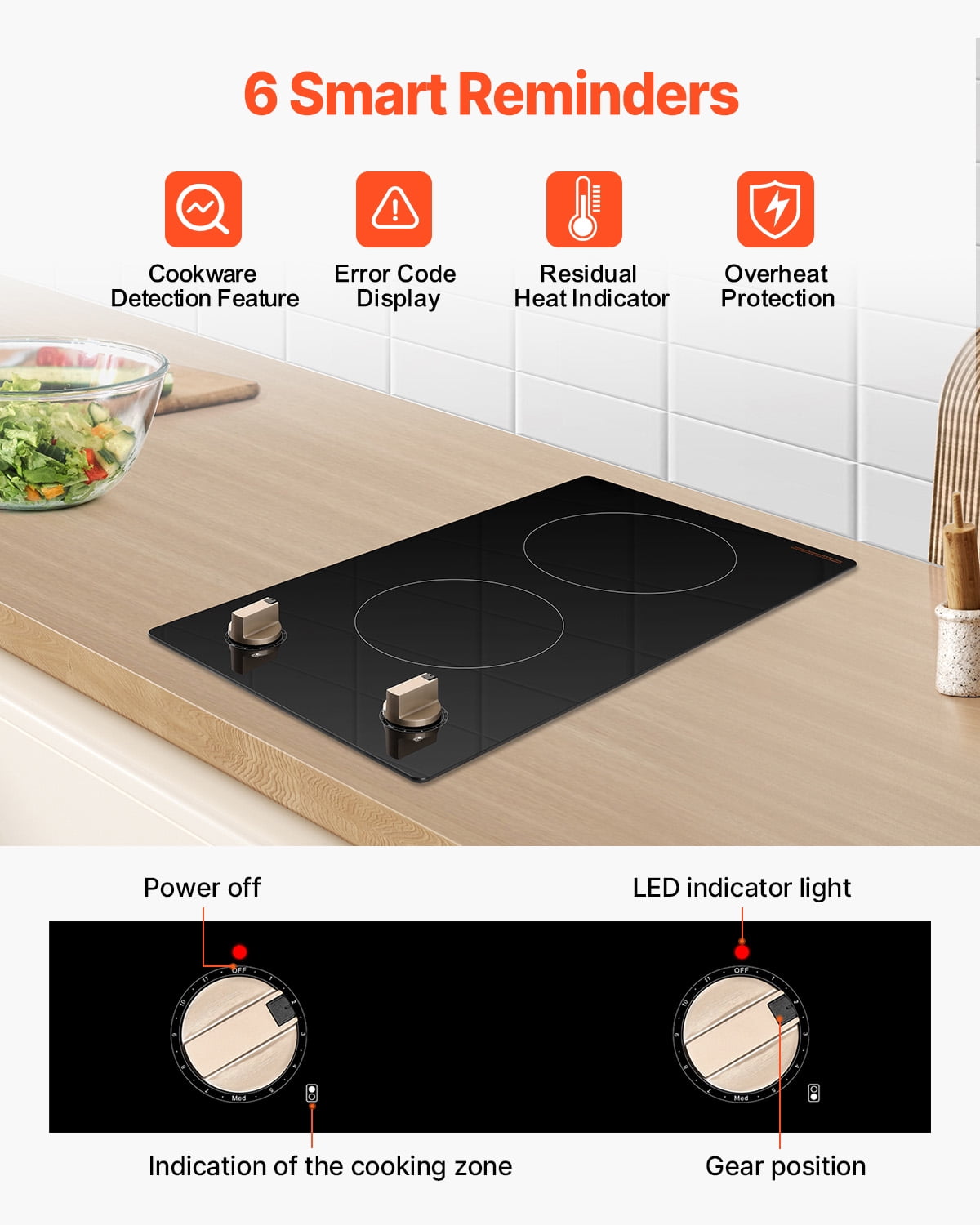 KFFKFF Induction Stove, 1800W Electric Tabletop Heater, Dual Knob-Controlled Burner, Integrated Induction Stove with 12 Heat Levels, Glass Top, Automatic Power-Off