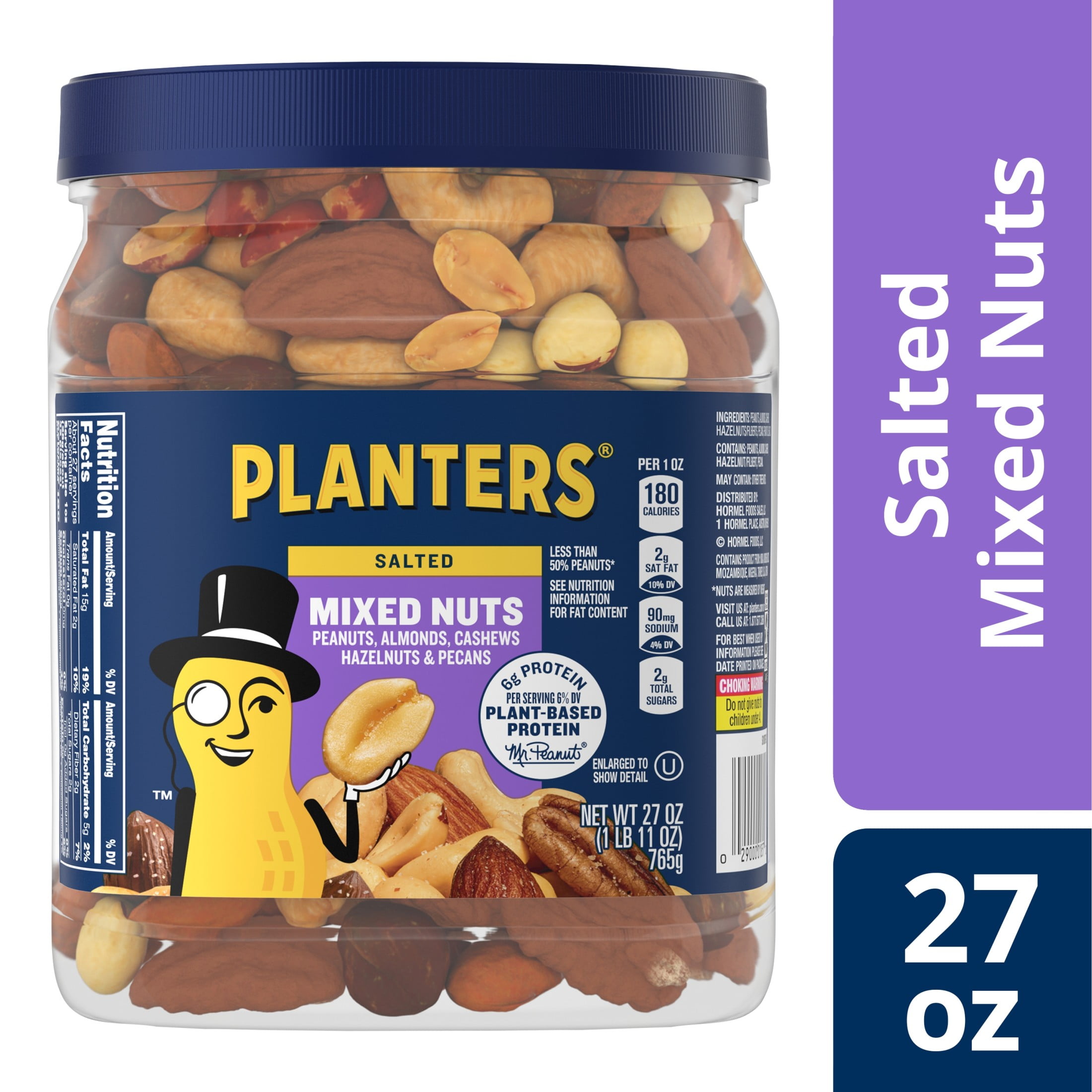 (6 pack) PLANTERS Salted Mixed Nuts, Party Snacks, Plant-Based Protein, 27 oz Canister