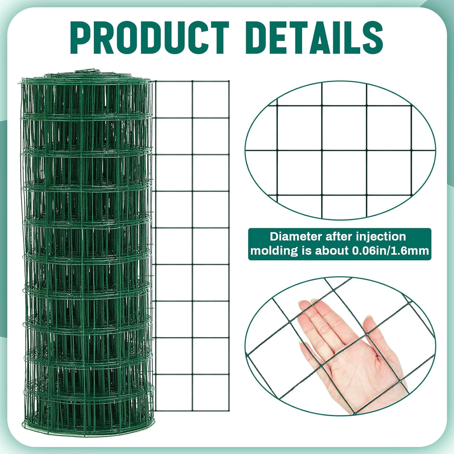 16 Gauge Galvanized Welded Wire Fence PVC Coated Hardware Cloth,  Mesh, Heavy Duty Garden Fencing Roll for Chicken, Dog Yard, Deer Cattle & Animal Protection