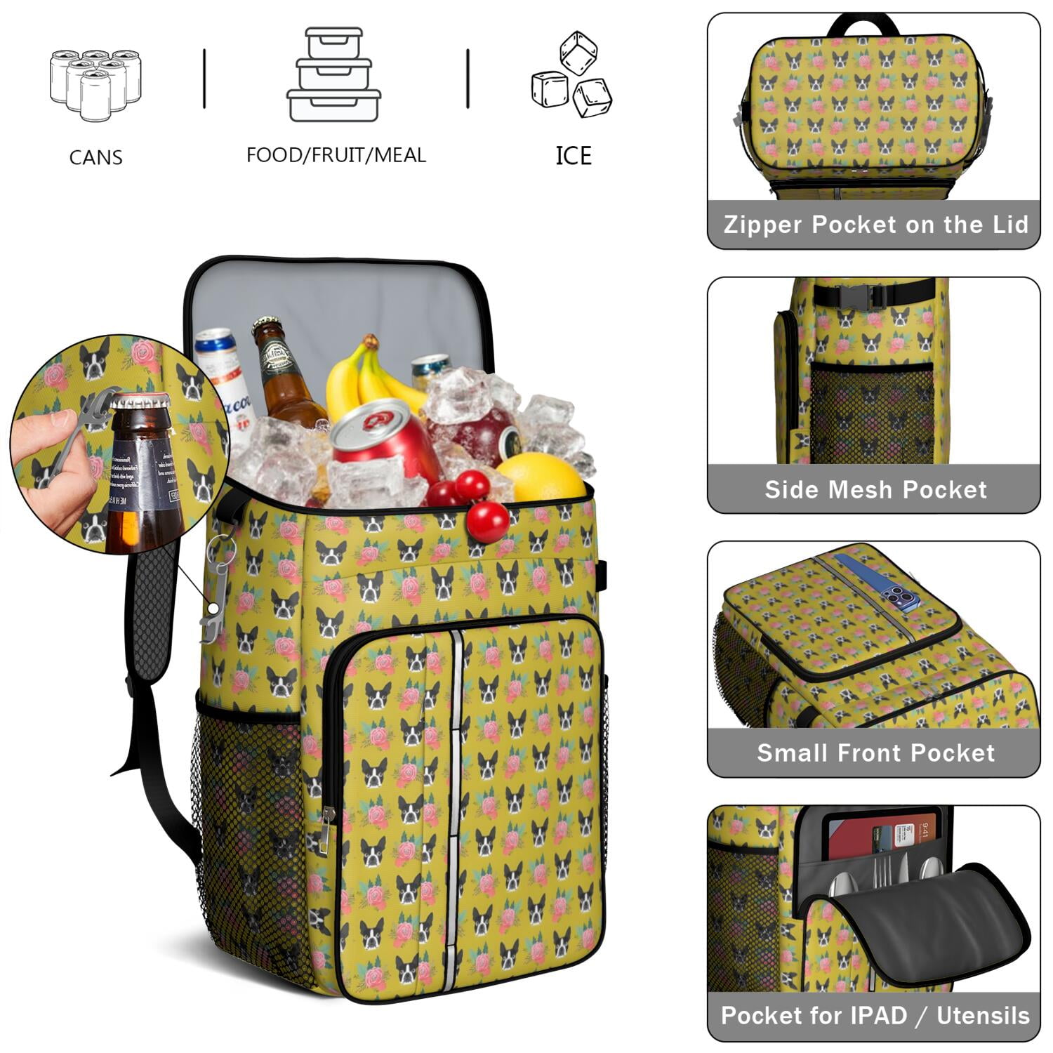 Travel Cooler Bag - Yellow Boston Terrier and Flower Camping Beer Cooler Backpack with Bottle Opener- Waterproof Insulated Picnic Backpacks - Cooler Bag for Beach
