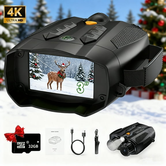 LEXKUYI 4K Night Vision Goggles for Adult, Tactical Binoculars with Camera, Infrared Goggles for Hunter, 3'' HD Screen for Camping & Security, 5000mAh Battery, 32GB TF Card