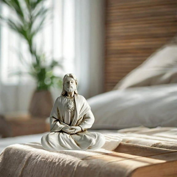 Fancyes Meditating Jesus Figurine Christmas Desktop Decoration Decorative Handmade for Shelf Displaying Religious Sculpture 11x9cm