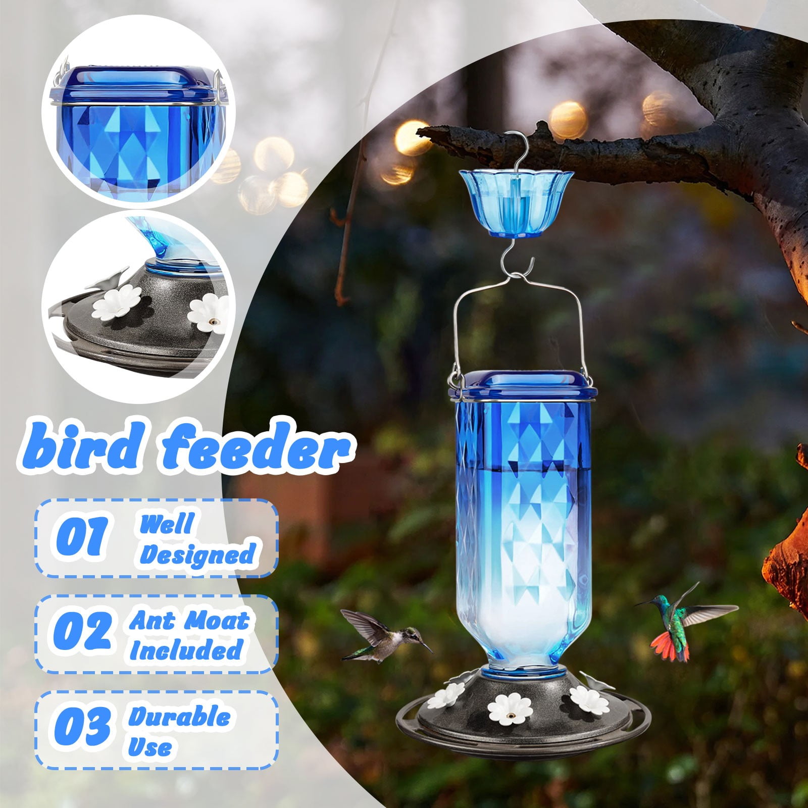 Hummingbird Feeder,Outdoor Hanging Bird Feeder with Blue Glass Bottle,Sturdy Metal Base and Hook,For Garden,Patio,Yard,Backyard