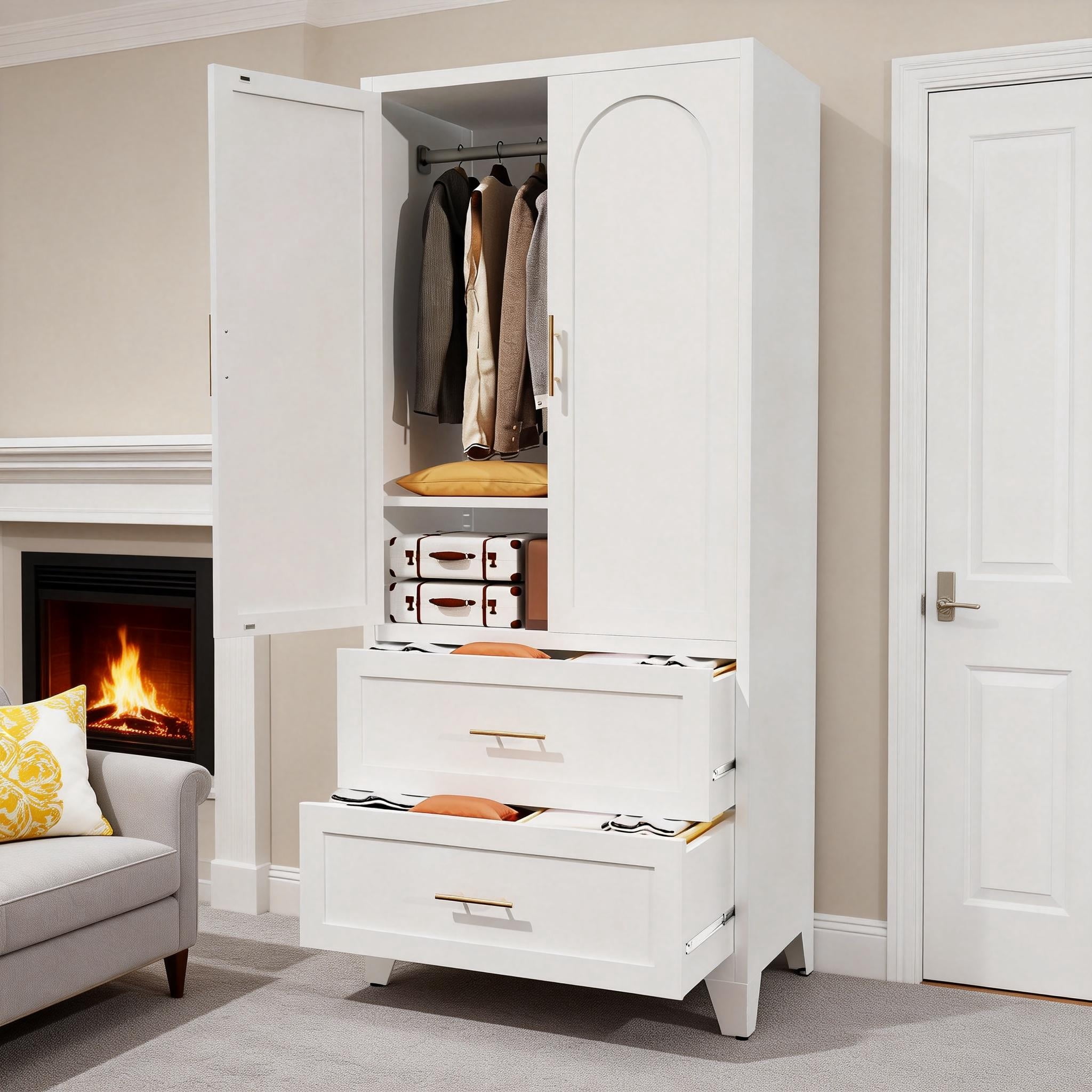 Metal Wardrobe Cabinet 71"H, 2 Drawers with Hanging Rod and Shelf, 2 Doors Storage Closet Organizer for Bedroom Office Laundry Room Entryway Foyer Guesthouse, White