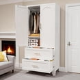 thumbnail image 3 of Miniyam 71" Tall Metal Wardrobe Cabinet with 2 Drawers & Hanging Rod, 2-Door Storage Closet for Bedroom Office Laundry Room (White), 3 of 14
