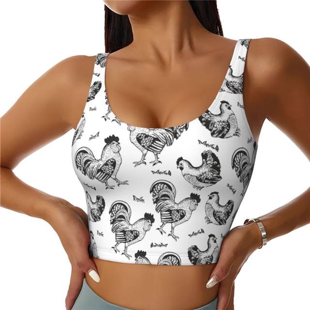 Fotbe Retro Rooster Sujetador Deportivo Largo sin Aros para Mujer con Almohadillas y Soporte Medio, Transpirable y Absorbente, Camiseta Tipo Chaleco o Tank Top-Large