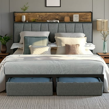 Queen Size Bed Frame with Chargeable Headboard and Storage Drawers, Metal Queen Bed Frame with LED Light, Easy to Assemble, No Box Spring Needed