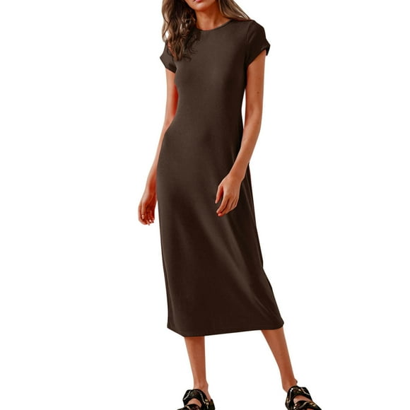 JGGSPWM Women Summer Short Sleeve Crew Neck Basic Solid Casual T-Shirt Dress Brown S