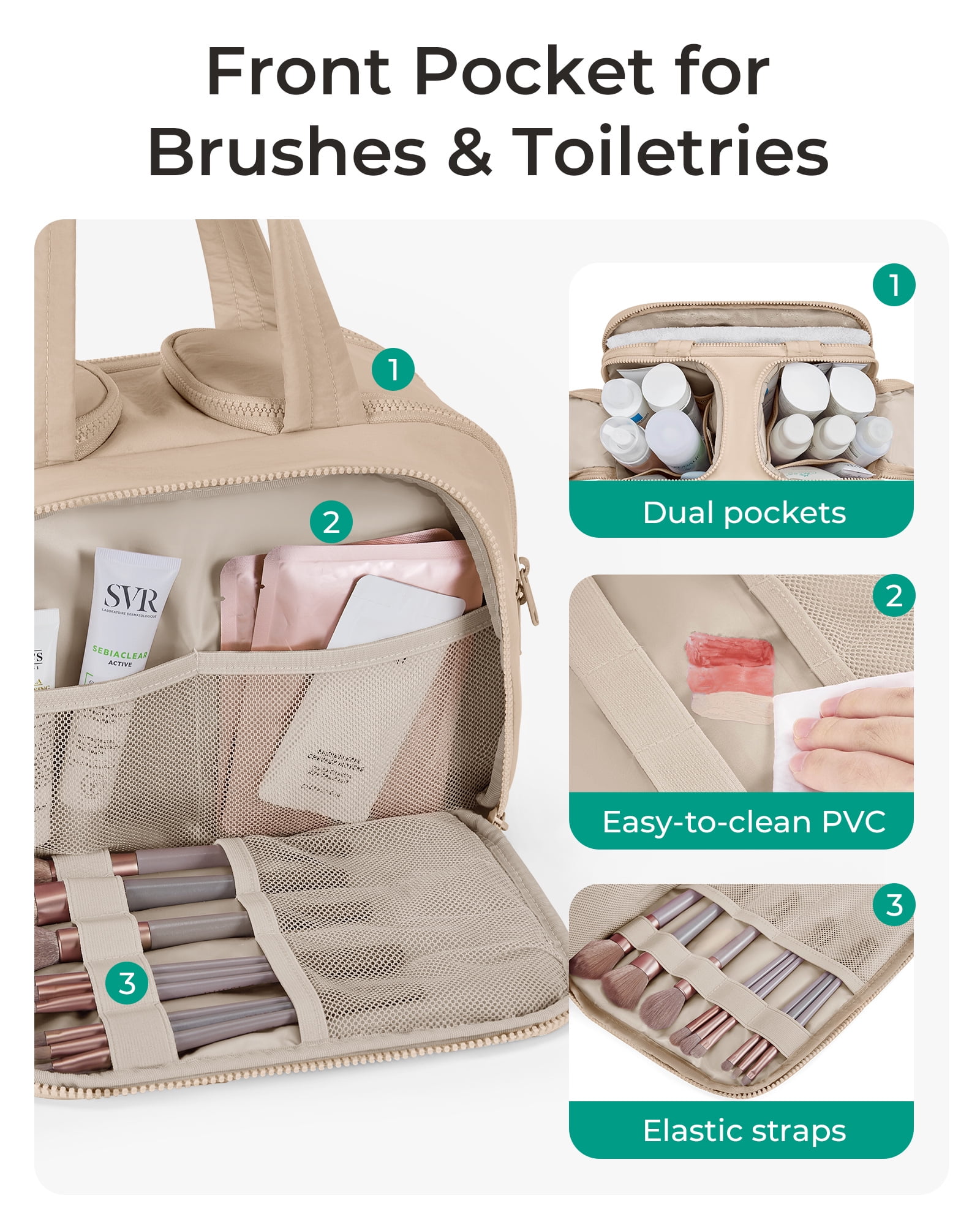 BAGSMART Crush Toiletry Bag for Travel, Lightweight Large Wide-open Travel Bag for Women, Puffy Cosmetic Makeup Bag Organizer with Handle for Accessories,Essentials, Toiletries, Khaki