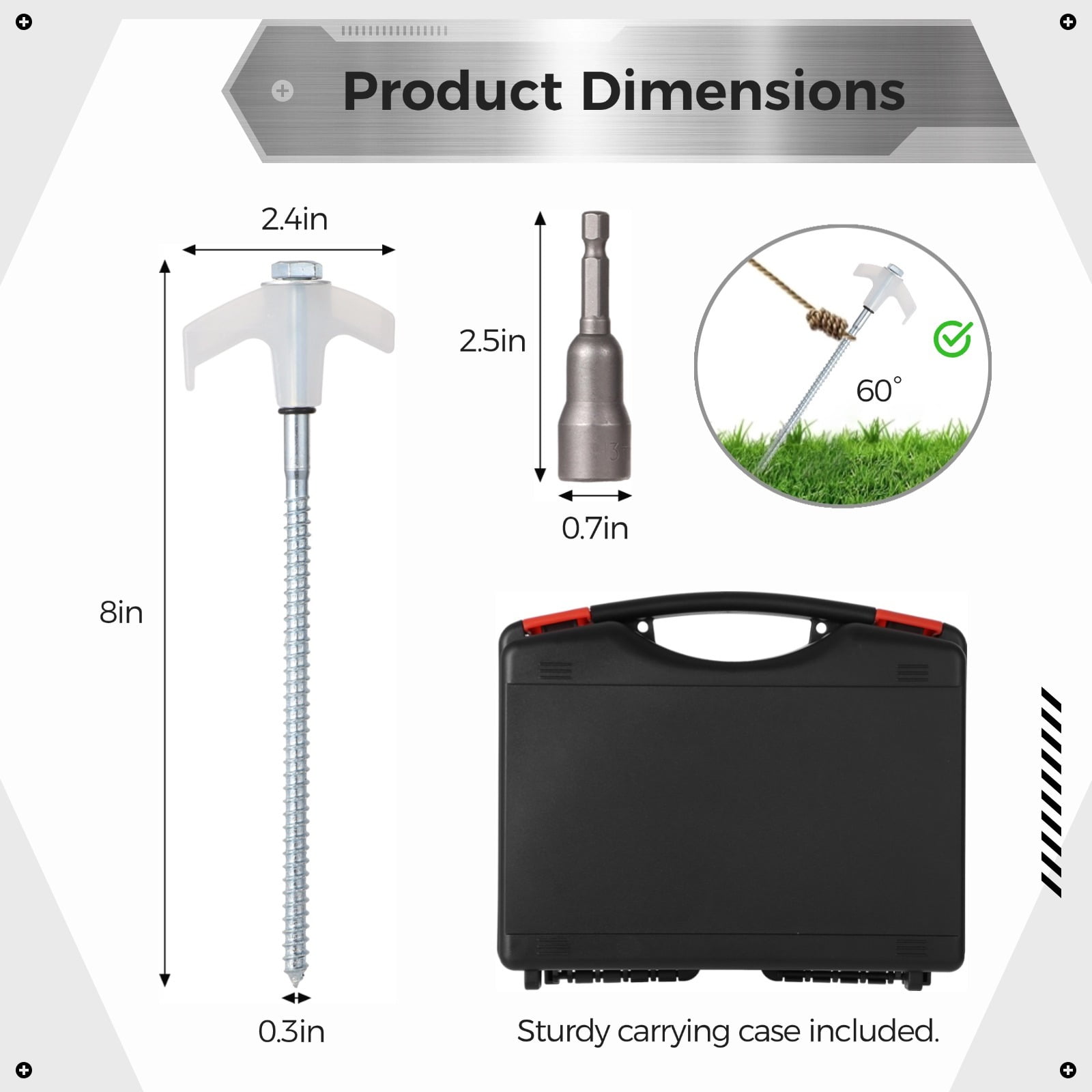 20 Pcs 8" Metal Tent Stakes, Heavy Duty Metal Tent Nails, Glow in The Dark Tent Stakes, Drillable Screw in Ground Spikes with Hexagon Head Drive & Storage Case for Camping