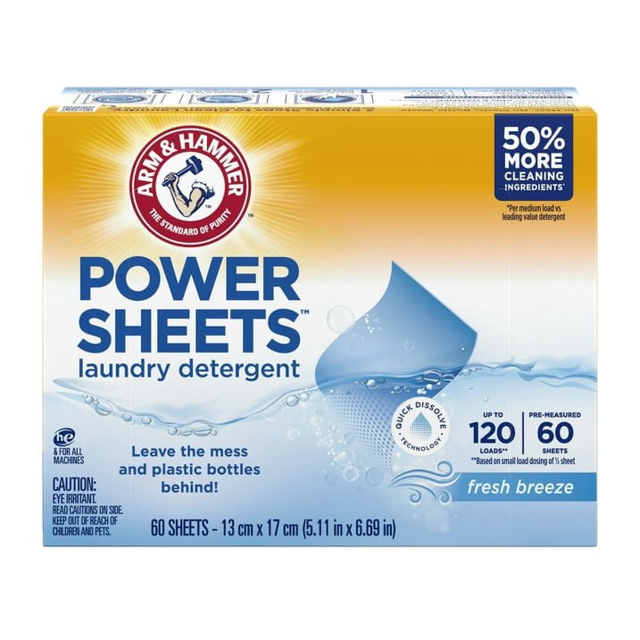 2pack ARM & HAMMER Power Sheets Laundry Detergent, Fresh Breeze, 60 Count, Up to 240 total Small Loads