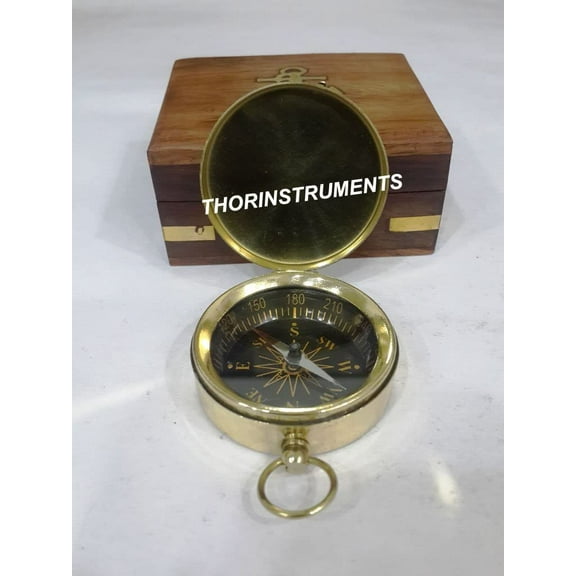 Vintage Solid Brass Pocket Nautical/Maritime Compass Nice Wooden Box